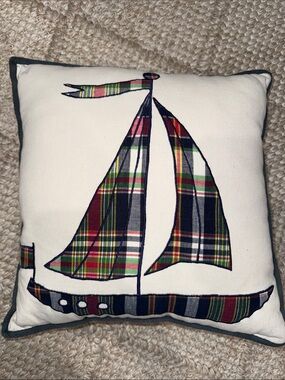 Chaps Plaid Sailboat Throw Pillow - White with Navy Trim